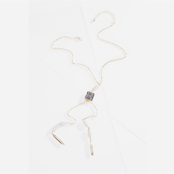 NEW Semi-Precious Gemstone Lariat Style Gray & Goldtone Necklace - Picture 2 of 6